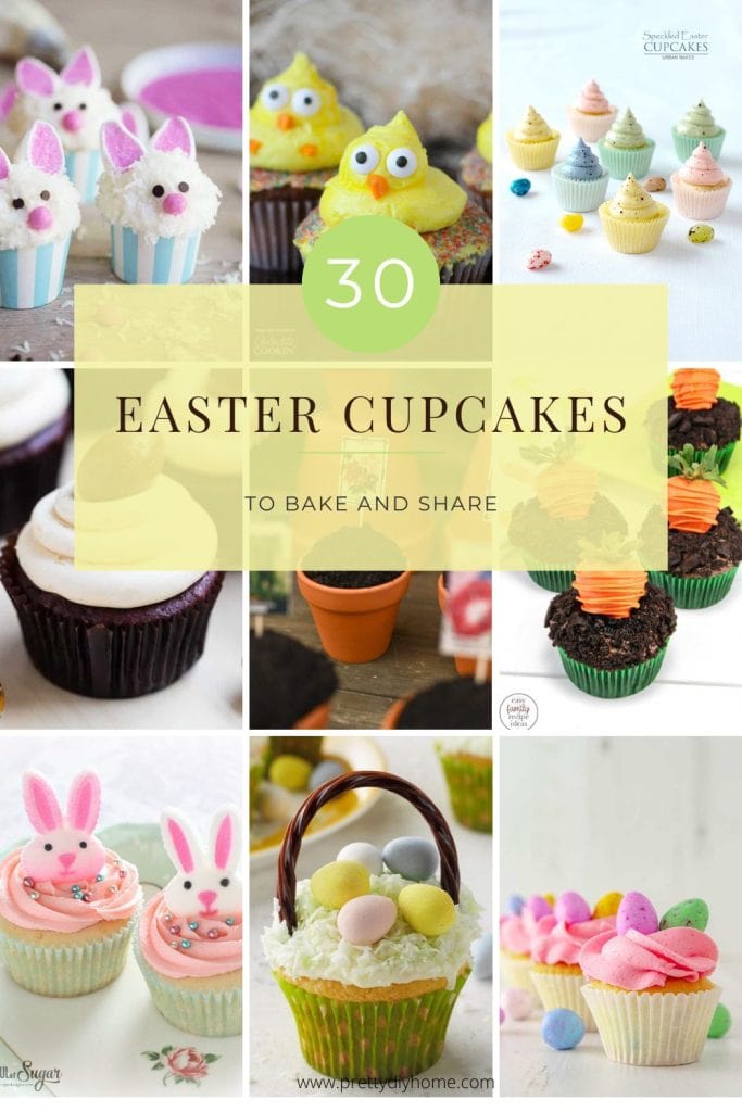 A collection of 9 one of a kind cupcake decoration ideas, from swirled icing with easter eggs, eEaster egg basket, bunny candy on picking icing, orange candy covered strawberries to look like carrots and planted in a chocolate crumb icing top.