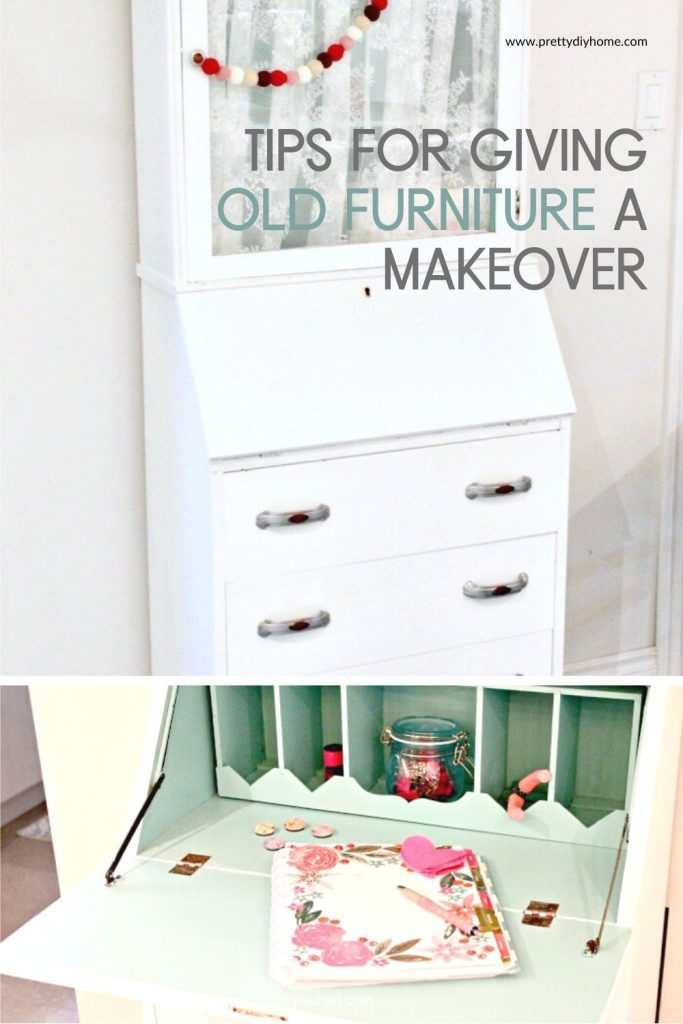An old furniture makeover secretary that was heavily damaged is now painted white, repaired and showing a soft turquoise interior.