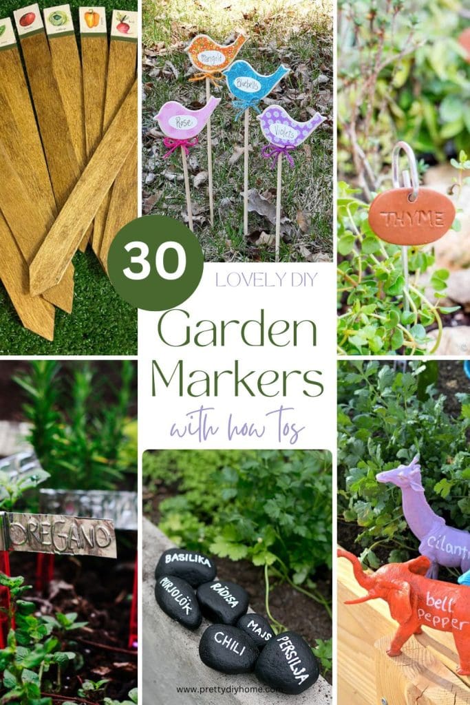 Collage showing 6 0f 30 different gardening marker diys including one made with coffee lids, wooden sticks, black painted rocks, white clay garden markers anda wooden marker for the herb garden.