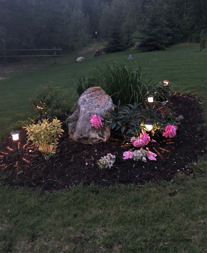 Newly installed solar lights at night. The outdoor solar lights are part of a large outdoor flower garden.