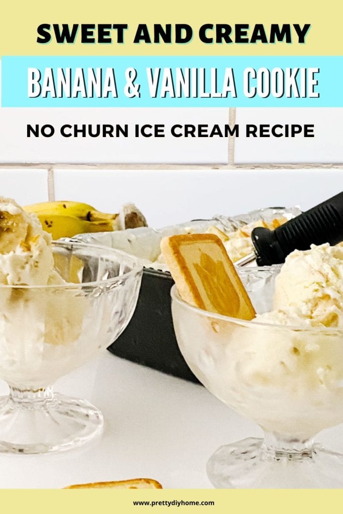 Two bowls of banana no churn ice cream with a loaf pan and ice cream scoop in the background.