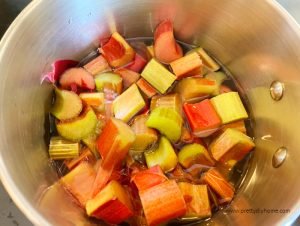 Washed and cut up fresh rhubarb in a saucepan for making rhubarb syrup.