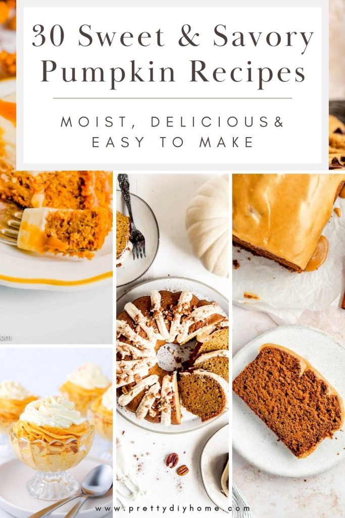 A collage of four different pumpkin recipe images, pumpkin bundt cake with cream cheese icing, pumpkin loaf with gingerbread icing, pumpkin cream cheese mousse and pumpkin cake.