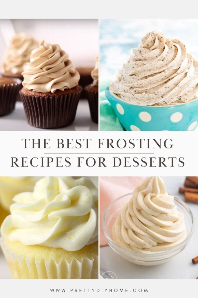 Four different frosting recipe images, one is italian buttercream on a chocolate cupcake, then a blue bowl full of oreo frosting, a pretty soft yellow lemon cupcake with lemon buttercream frosting and a cinnamon frosting recipe for Fall