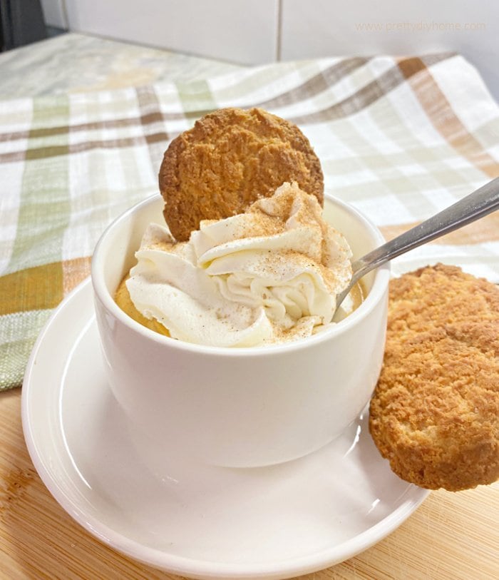 A single serving of pumpkin mousse with a swirl of whipped cream and a sprinkle of cinnamon sugar. The pumpkin dessert is served with a gingersnap stuffed into the whipped cream and another gingersnap cookie placed on the side of the serving plate.