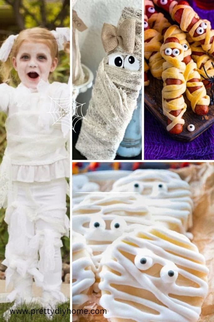 A collage of various mummy Halloween ideas including mummy hot dogs, a little girl in a mumy costume, mummy cookies, and a mummy door leaner craft.