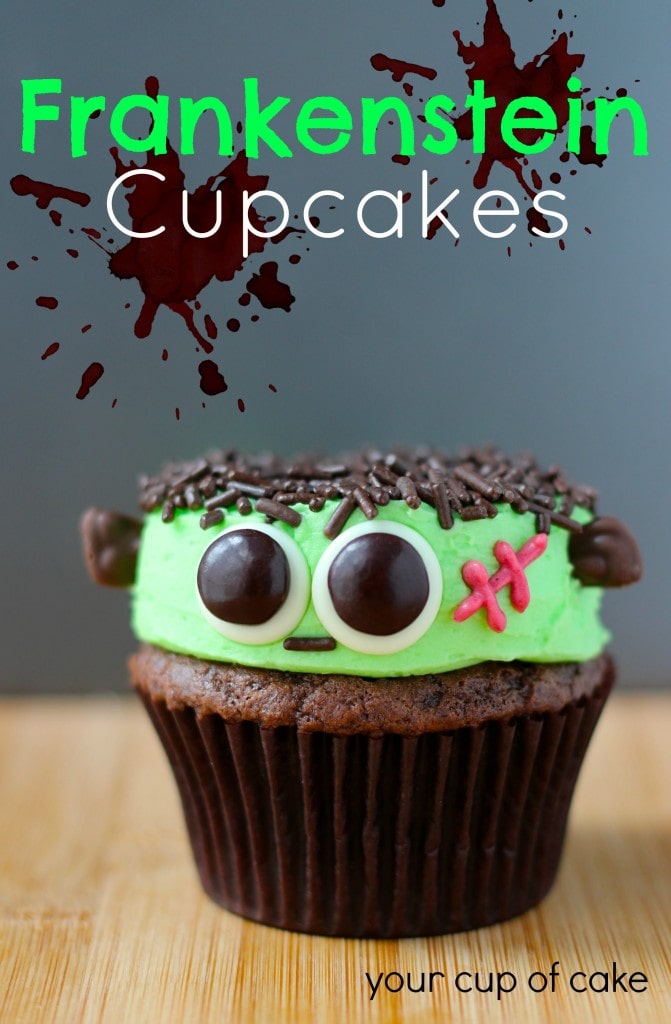 Dark chocolate cupcakes topped with green icing and chocolate sprinkles for hair. The side of the cupcake has a face madde using candy and a cut mark using red icing. It Alsoo has little bolt ears to resemble Frankenstein for Halloween.