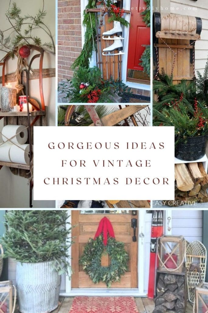 A collection of vintage christmas displays using old toys, including a childs sleigh, and old tobbogan, snow shoes, and wreath with toys.