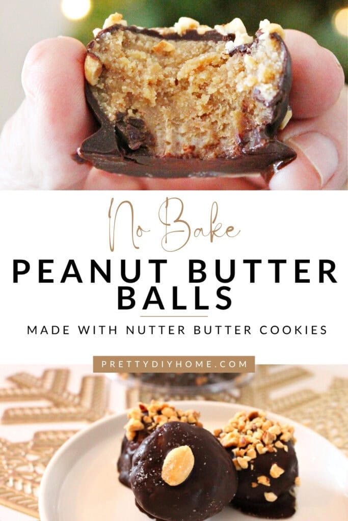 No bake Nutter Butter peanut butter balls shown whole on a plate and bitten open to reveal the filling.