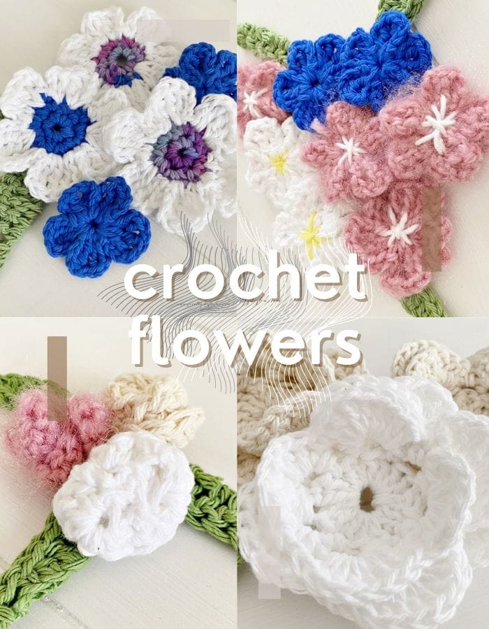 Four different styles of crocheted flowers for beginners in bright spring colours, blue, white, pink, soft yellow and white.