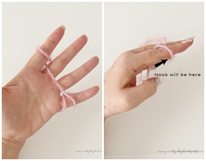 Two images of how to hold a yarn for crochet. The first one shows the underside of the hand and how the yarn is wrapped. the second shows the side of the hand with an arrow describing where the hook goes.