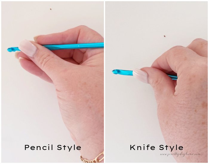 Two different ways to hold a crochet hook.  The first one is pencil style the second is knife style.