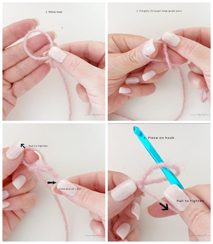 4 steps to making a slip knot for crochet. Loop,, pinch and pull yarn through, pull to tighten and place on hook.