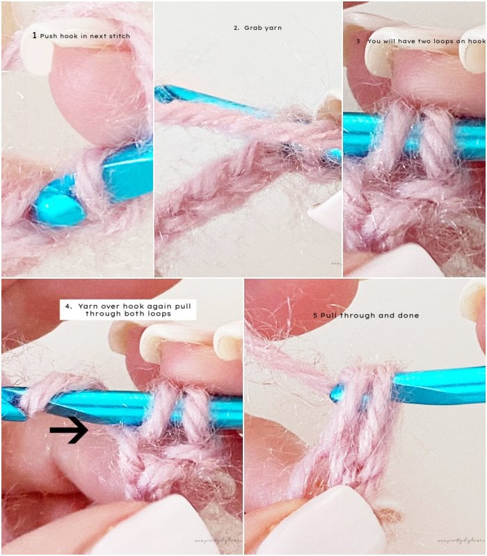 A collage of five steps needed to make one single crochet. Insert hook, grab wool pull through wrap hook again, two loops, pull through and done.