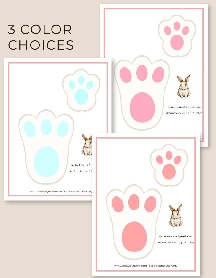 A set of bunny footprints with three toes. Each set shows one large back bunny footprint and a small front bunny footprint. There are 3 colors one is pink, one is soft pink and the third color choice is soft robin egg blue.