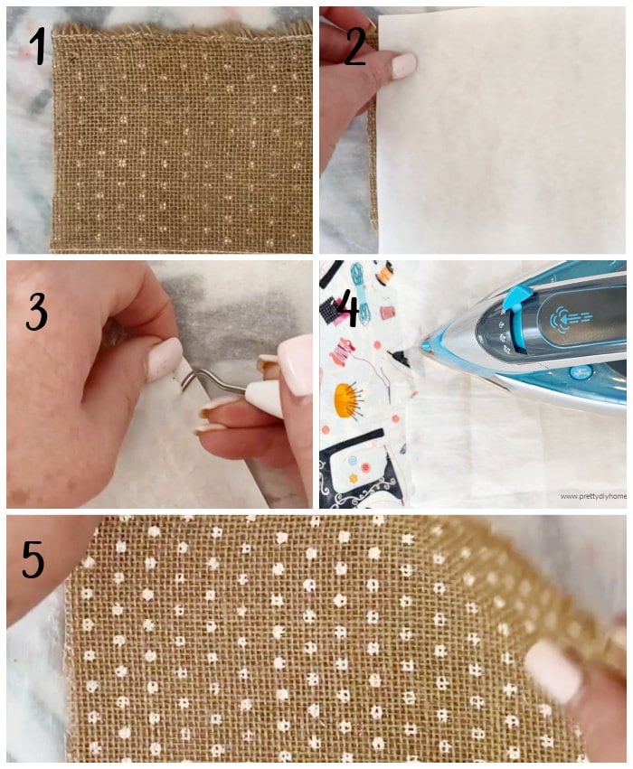 Five images showing the steps of adding interfacing between two pieces of fabric and ironing it to hold together.