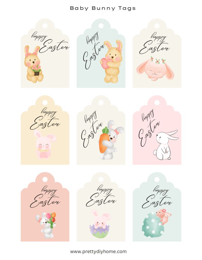 Nine different printable Easter tags each featuring a baby funny in very soft pastel colors.