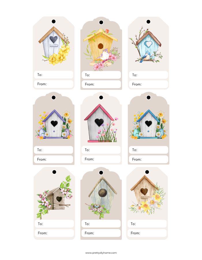 A set of free printable Easter gift tags with bird houses.  