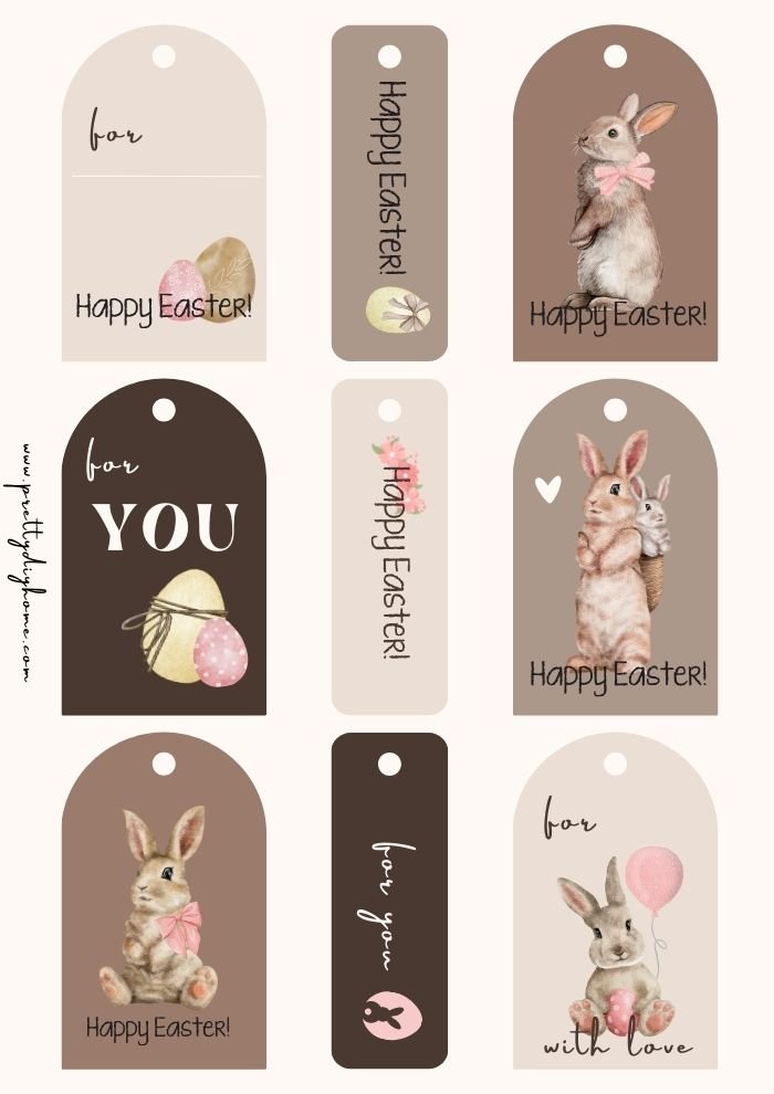 Brown, beige, pink and cream Easter bunny tag free Easter printables.