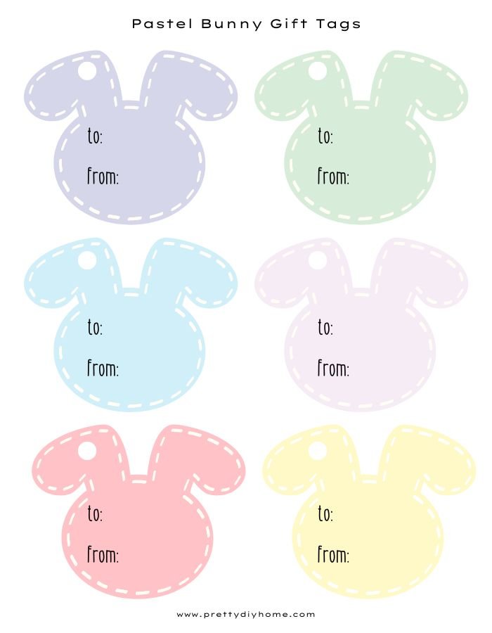 Easter tags for kids in the shape of Easter bunny faces with large ears. Each Easter bunny shaped tag is in a different cheerful Spring color, pink, lavendar, yellow, baby blue, lilac and soft green.