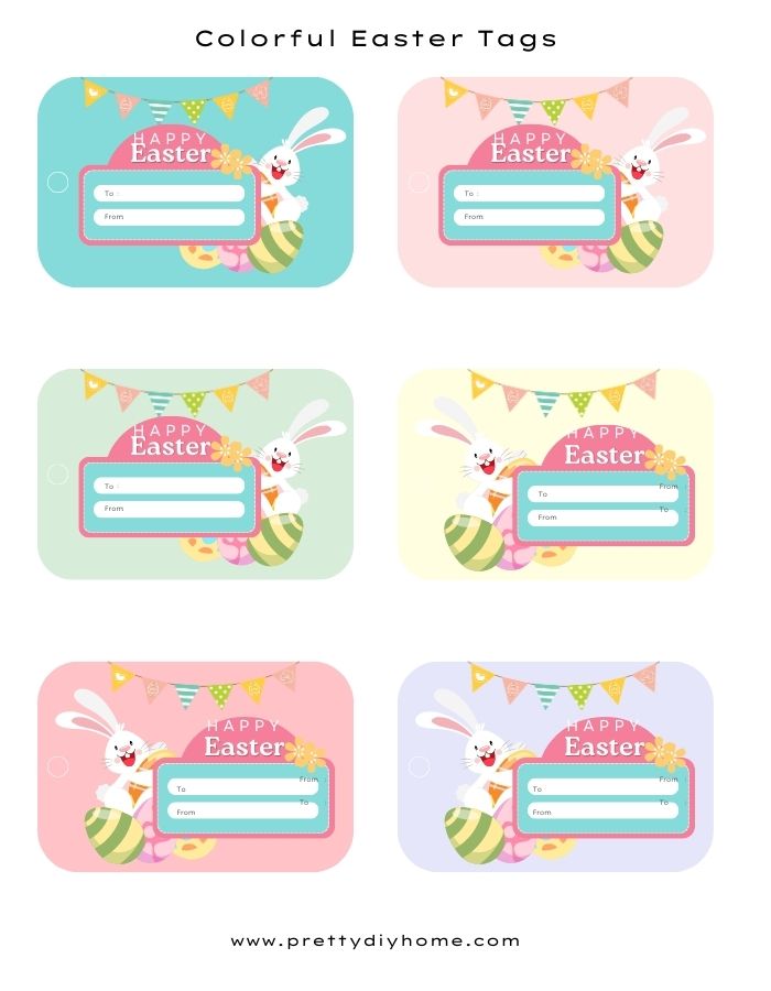 Colourful Easter bunny gift tags for Easter. Each Easter gift tag has a smiling bunny withEaster eggs and fun cheerful banner and says Happy Easter