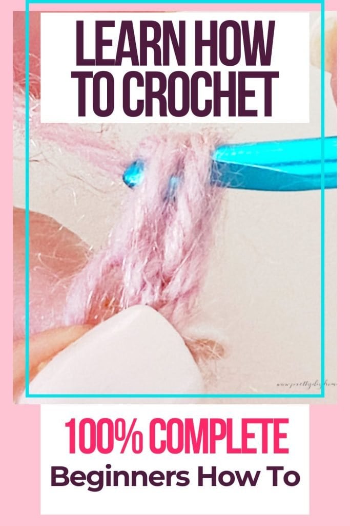 An image from the post of me doing a crochet stitch with pink yarn and a blue crochet hook.  The overlay text says "Learn how to Crochet 100% Complete Beginners How To"