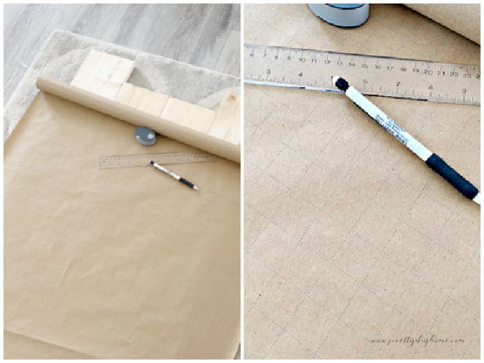 Brown paper roll overtop of a slab of wood made from gluing them together.  A second image showing an one inch grid pattern on the paper.