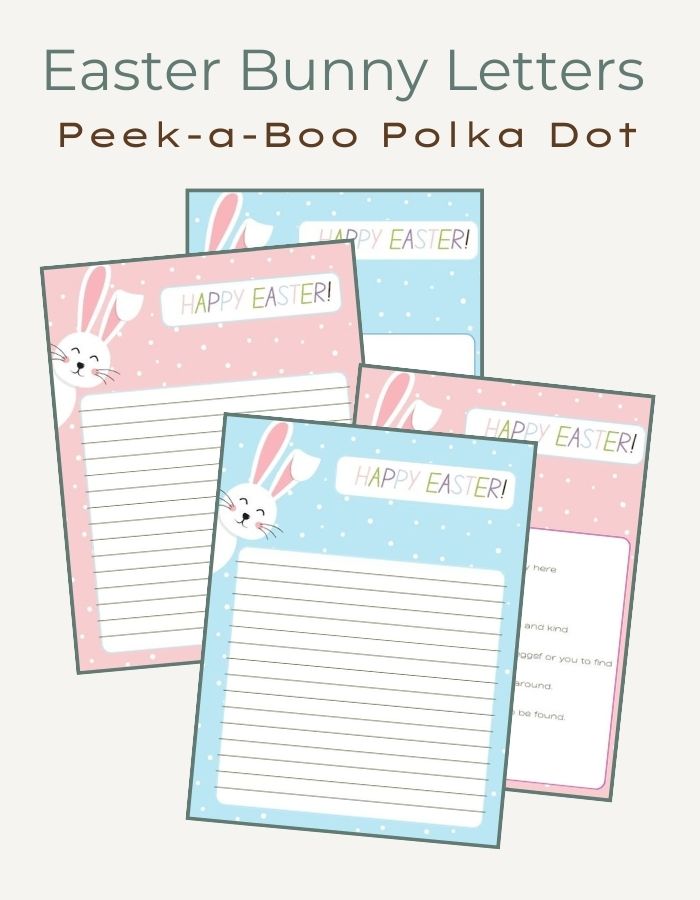 Four fun Easter Bunny letter templates, with polka dots and a fun Easter Bunny peeking in from the side of the letter. Two are pink, two are two, two have prewritten letters, two are blank templates.