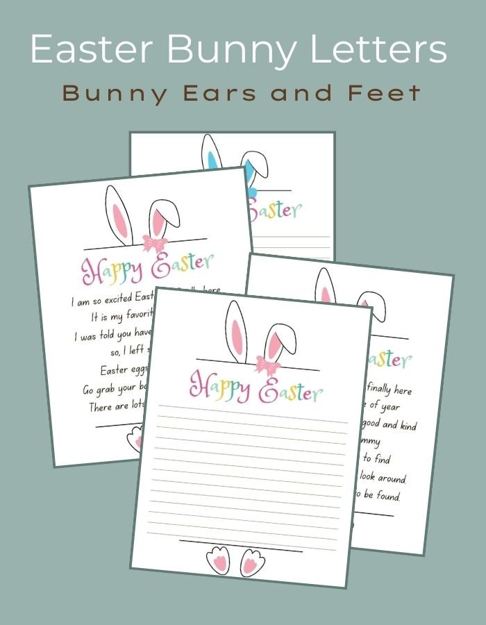 Four different Easter Bunny letter templates. Each free printable has a set of Easter Bunny ears and feet. Two have prewritten wording and the other two are lined for making Easter lists or letters.