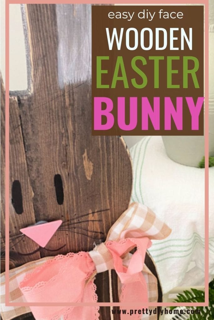 A closeup of an easy to create face on a wooden Easter bunny.