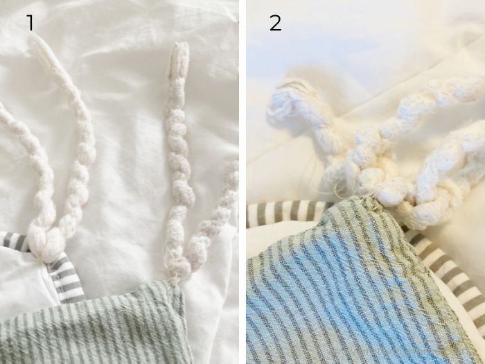 Two images showing an easy hack to keep a duvet in place inside a cover. 1 a cord folded in half in the middle and sewn to both the inside corner of a duvet cover and a duvet insert. 2 shows the cords ties together securing the corners into place.