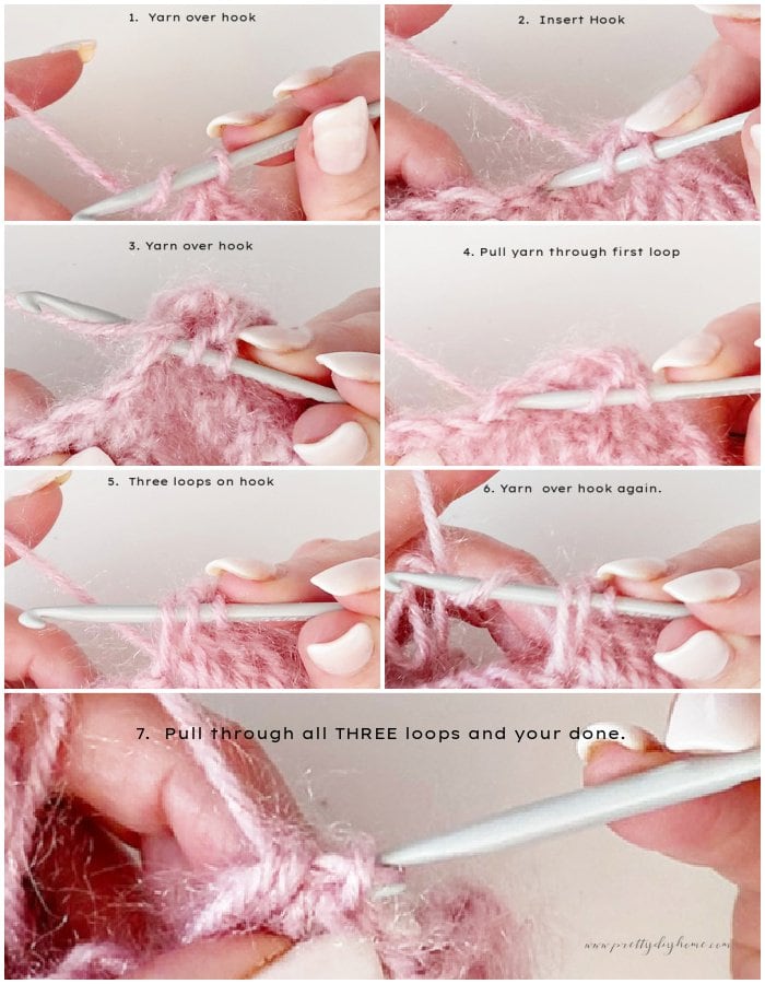 A collage of each individual step it takes to do a half double crochet stitch.