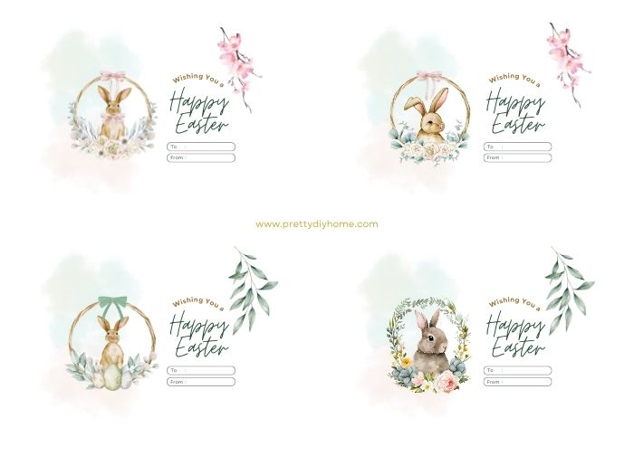 Four different Easter tags each with a different easter bunny inside a wreath. Eah printable says wishing you a Happy Easter