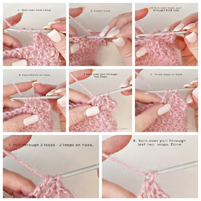 A collage of the 9 steps in doing a treble crochet stitch. 