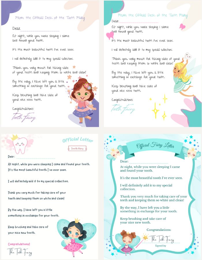 Four different tooth fairy letters in pastel colors with sweet and adorable tooth fairies in the corner.