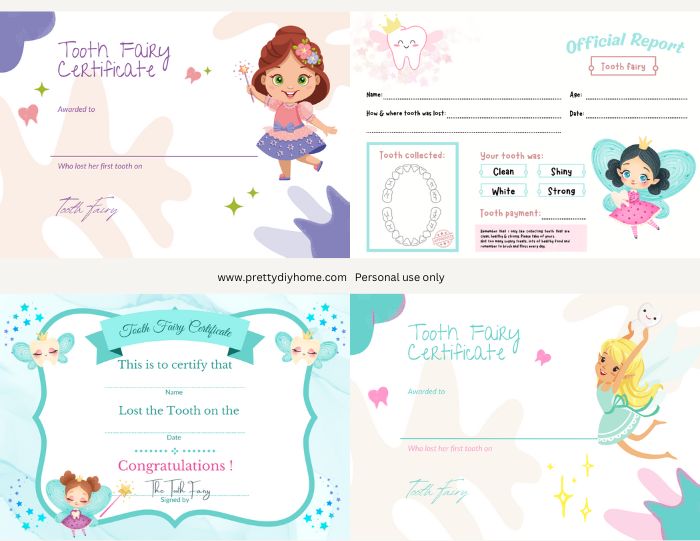 Four different tooth fairy certificates for children.  Each one is in soft pastel colors with an adorable tooth fairy.