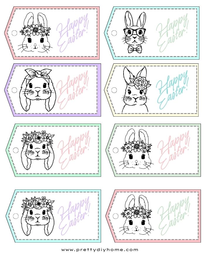 Brightl coloured Easter tag free printables, Each tag has a Easter bunny drawing and says Happy Easter.