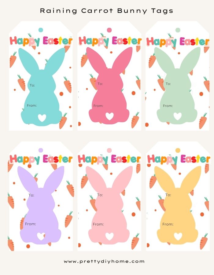 Very bright and cheerful free Easter gift tags. Each one has a different Easter bunny with a heart shaped tail and the background is raining carrots.