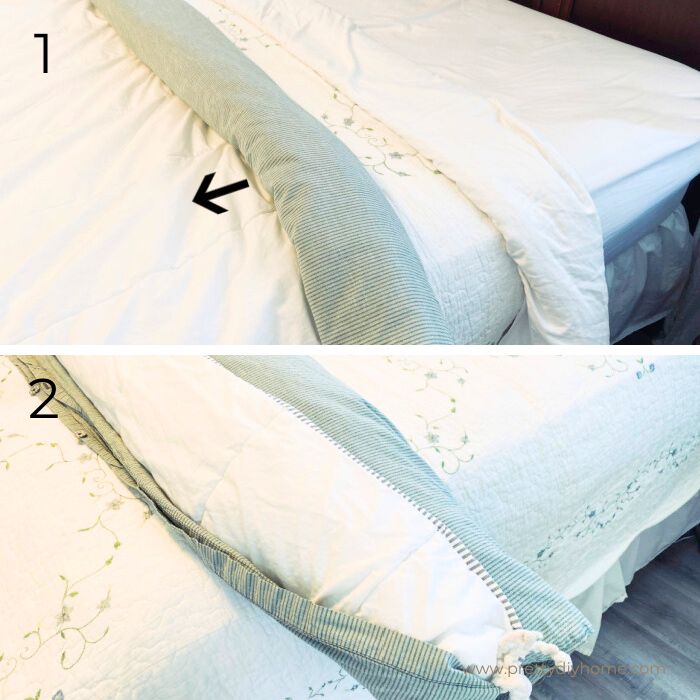 Starting at the head of the bed a duvet is being rolled into a tube with the duvet cover.  There is an arrow showing to roll it towards the footer.  The second image shows the duvet rearranged with the opening at the top.