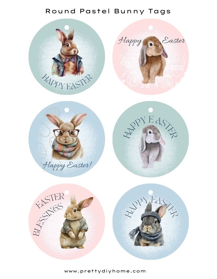 Little round gift tags with adorable very furry Easter bunnies. Each one is in a different soft color and has its own unique rabbit.