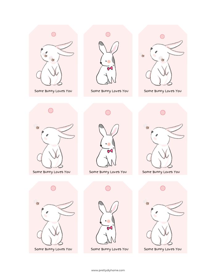 Very sweet and adorable soft white Easter bunnies on a blush pink background. The text on the front of these Easter tags says Some Bunny Loves You