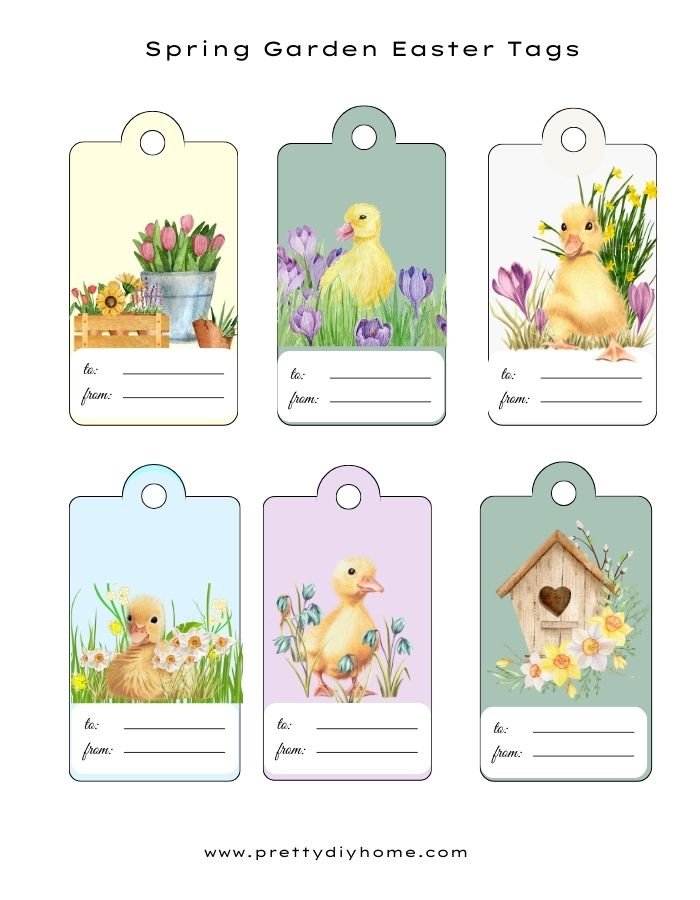 Duckling themed Easter tags, Each ducking is surrounded by different flowers and each tag is in a different pastel Spring color