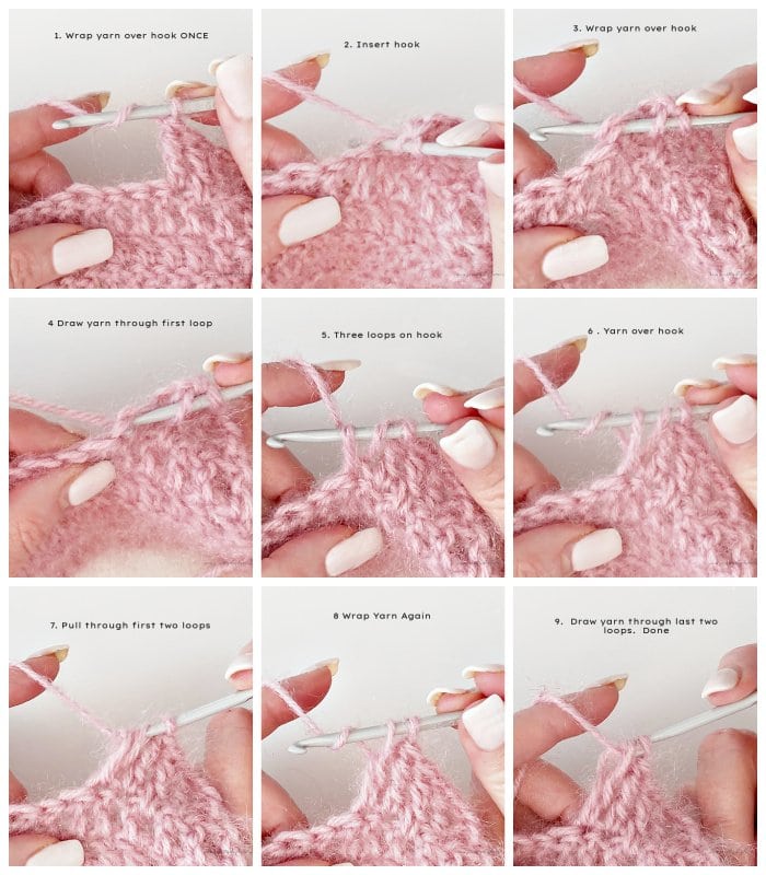 A step by step collage of how to complete a double crochet stitch.  Easy images shows the yarn being woven using a crochet hook.