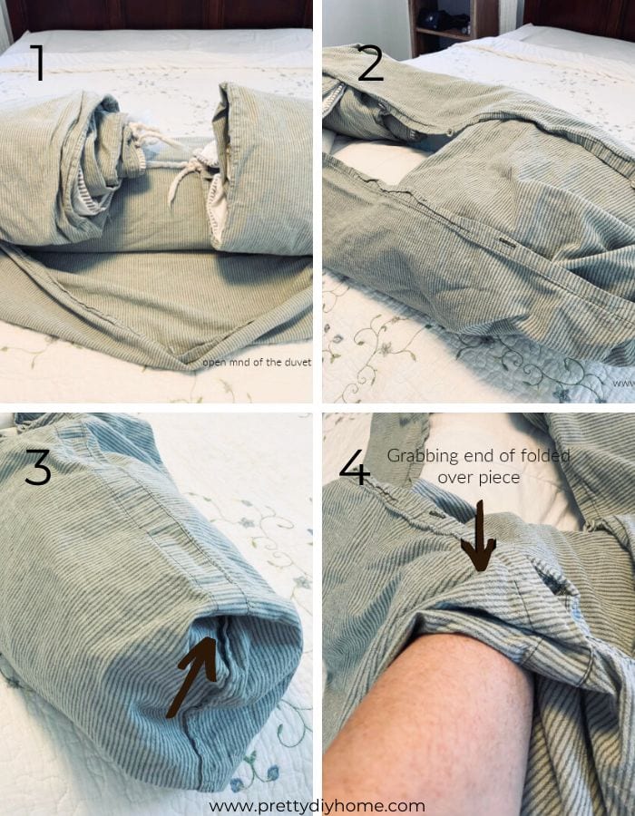 The four steps to covering a  duvet insert with a duvet cover.