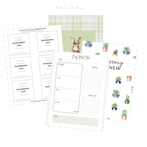 A collection of several cover pages from the Pretty DIY Home library, canning labels, home decor printable, a meal plannter and an Emergency Contact Binder cover.