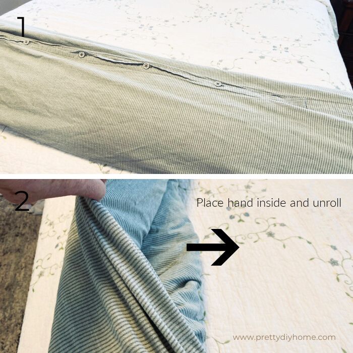 Closing the opening on a  Duvet cover, and unrolling it onto the bed. as part of the burrito method for adding a cover to a duvet insert.