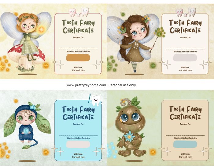 Four tooth fairy certificates or receipts from the tooth fairy.  Each printable has a different fairy on it and they are more whimsical in style with lots of green and brown.