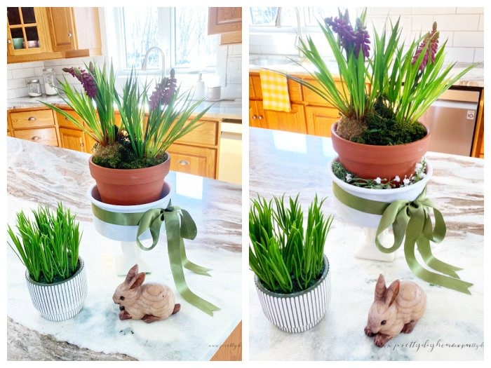 The same Spring bulb plant pots, one decorated with baby's breath and the other is not.  Made for comparison so the reader can choose which version they prefer.