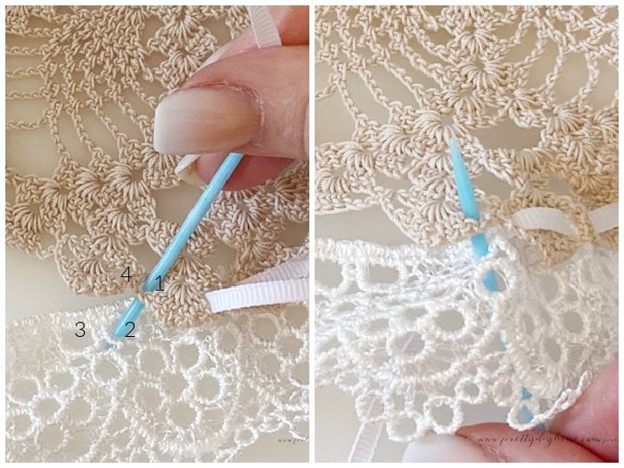 A collage of two images showing where to attach lace to a doily while making a diy pin cushion.