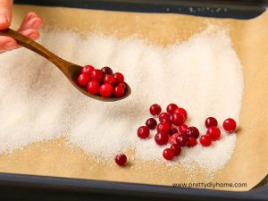 Rolling cranberries in sugar for making a cranberry garnish for a cosmo cocktail.